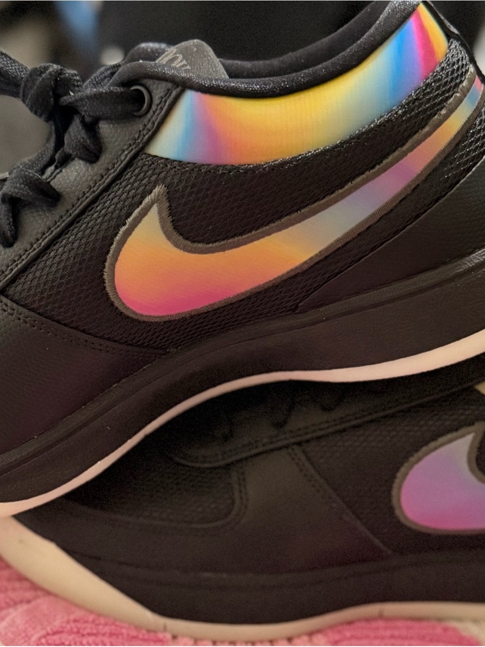Nike Women’s Black Athletic Sneakers with Iridescent Rainbow Swoosh